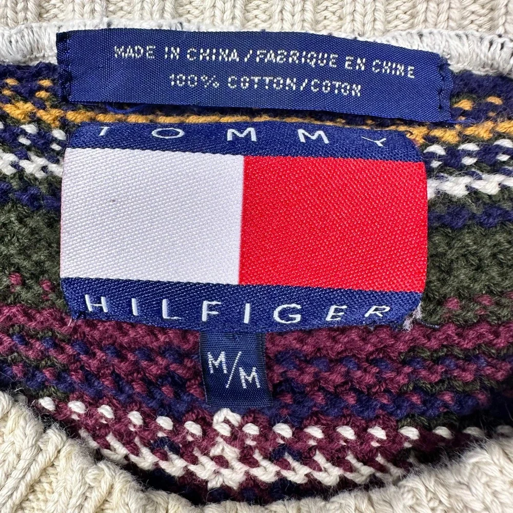 VTG Tommy Hilfiger Plaid Crew Neck Chunky Sweater Cotton Mens‎ M Burgundy Navy